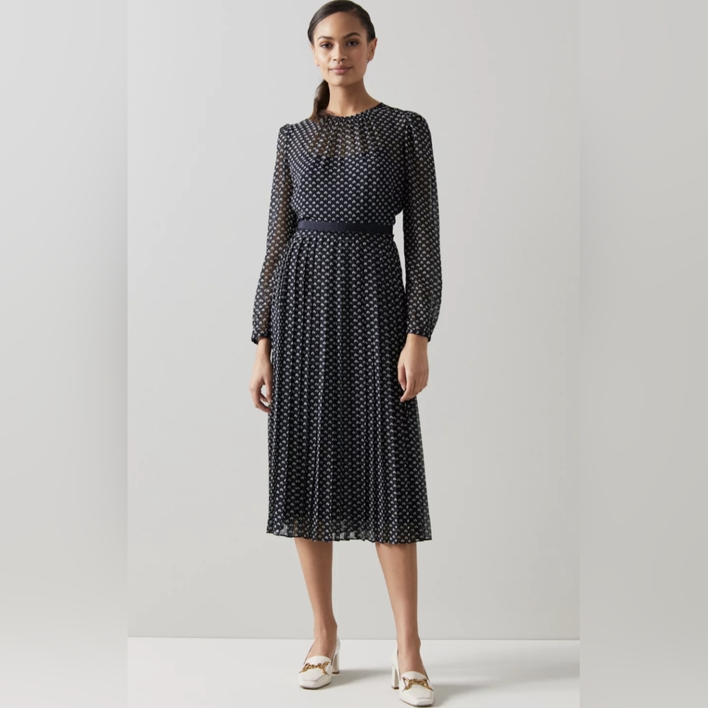 L.K. Bennett Avery Navy And Cream Mini Bow Print Pleated Midi